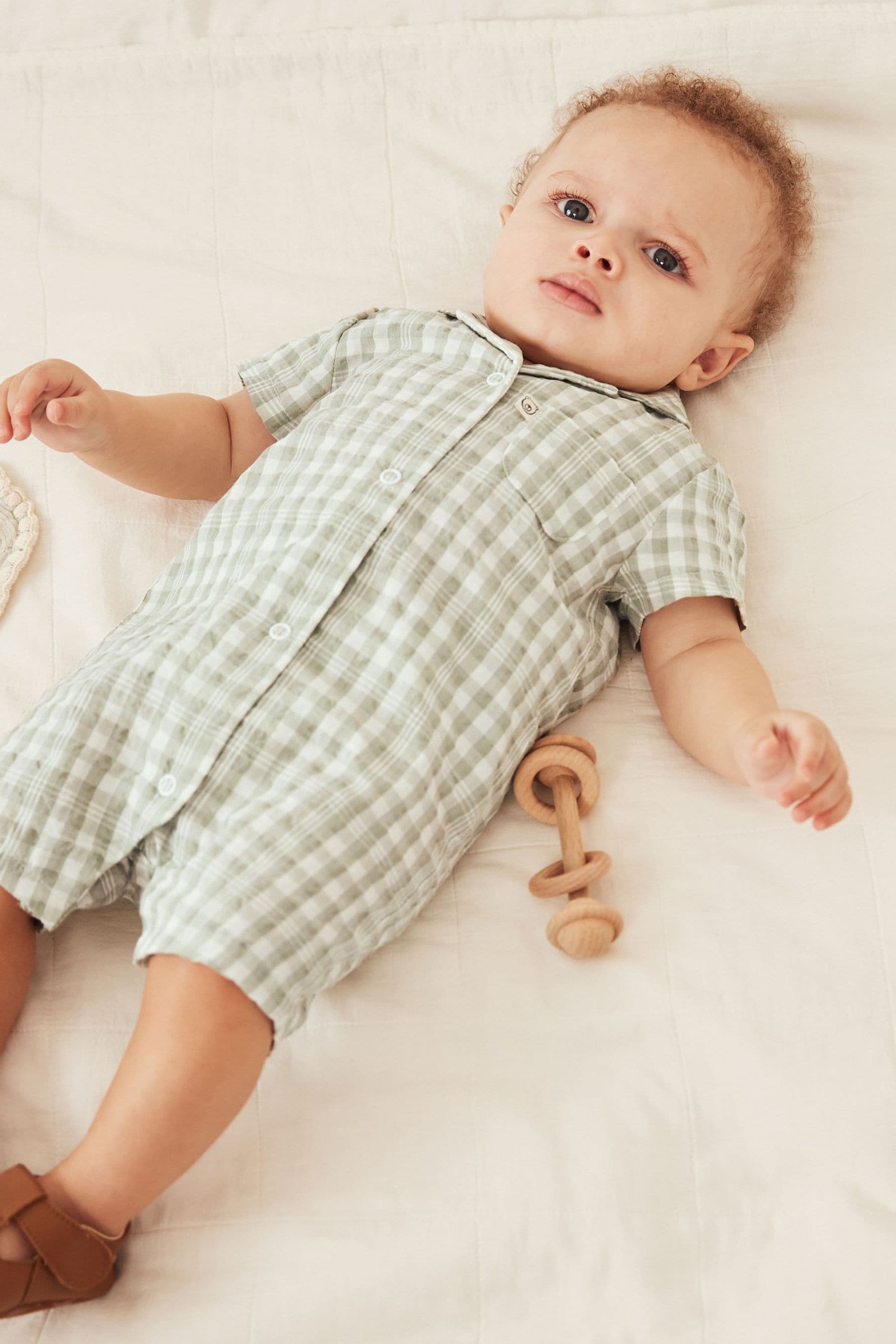 Green Woven Baby Shirt Playsuit (0mths-2yrs)