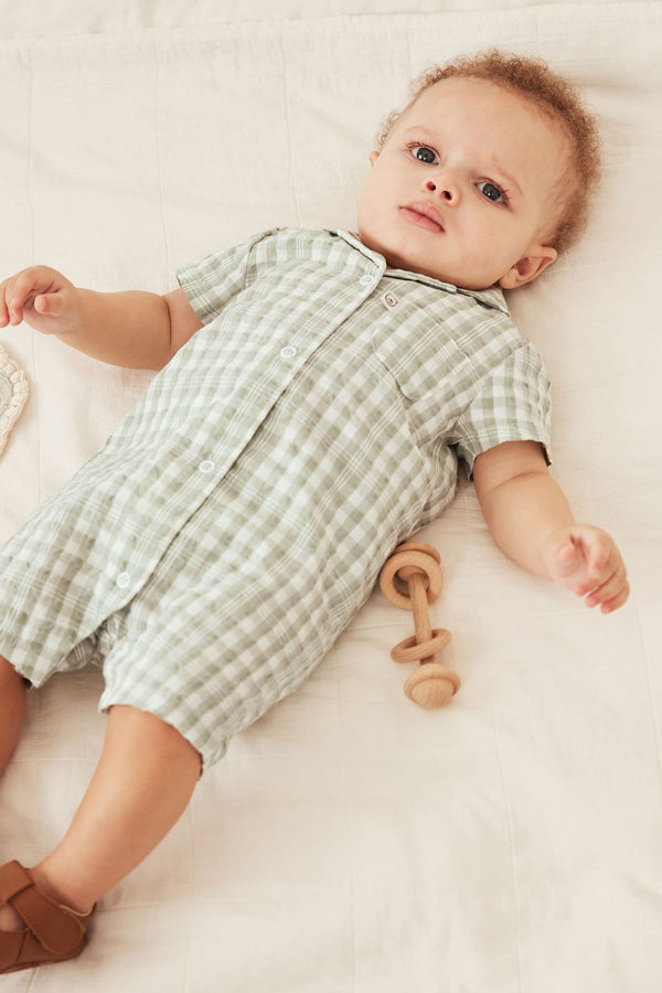 Green Woven Baby Shirt Playsuit (0mths-2yrs)