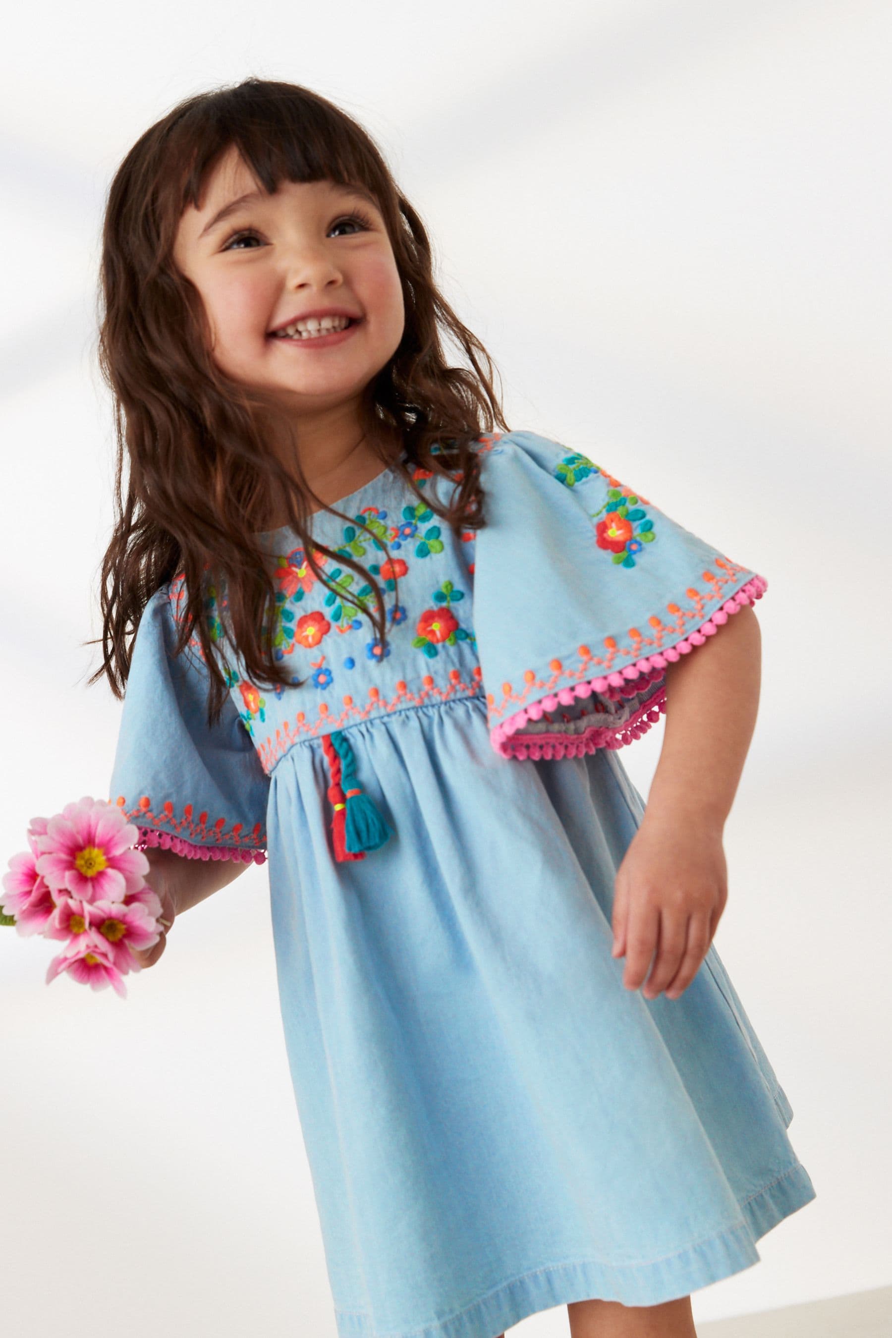 Blue Denim Embroidered Kaftan Dress (3mths-10yrs)