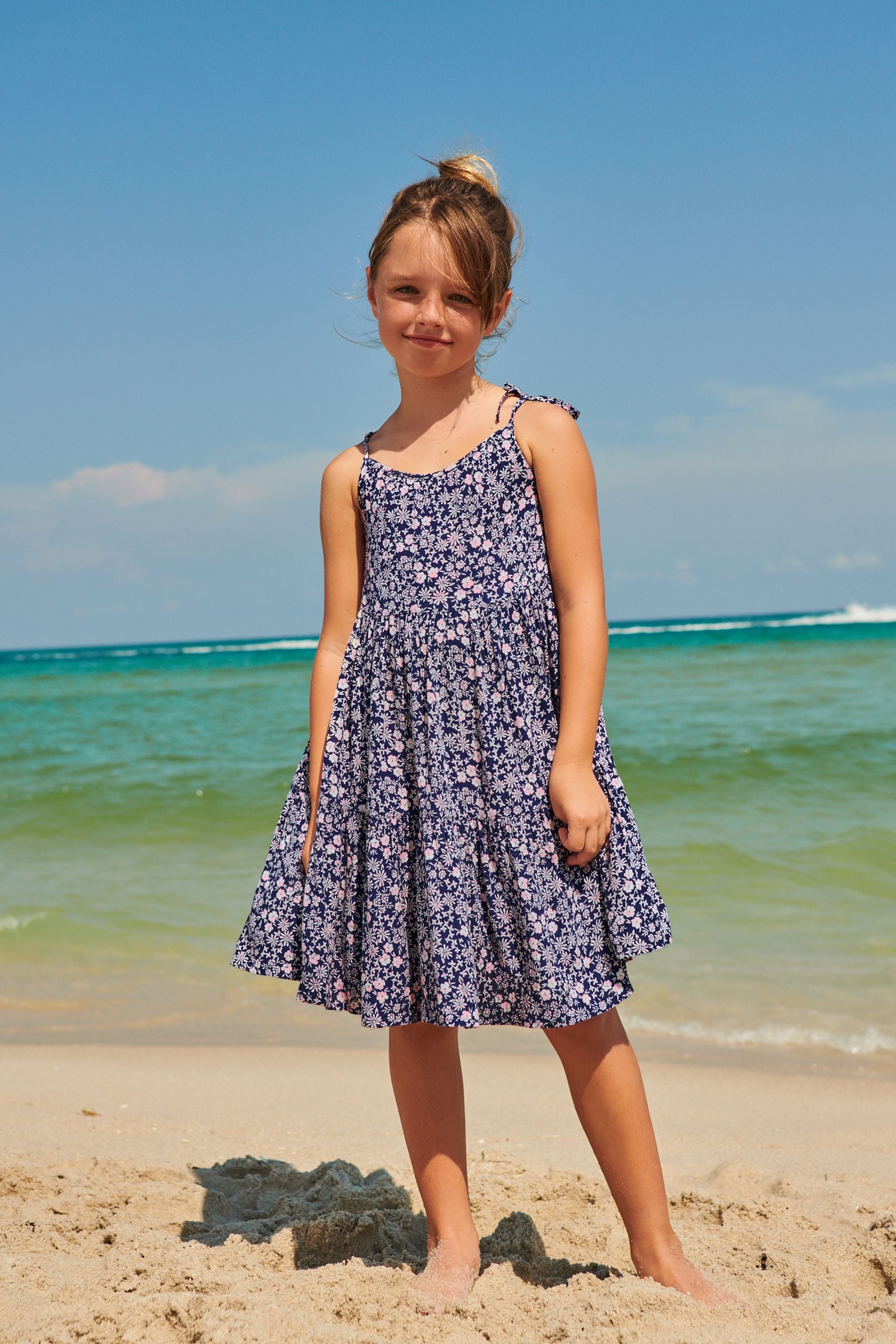 Navy Blue Ditsy Tiered Strappy Dress (3-16yrs)