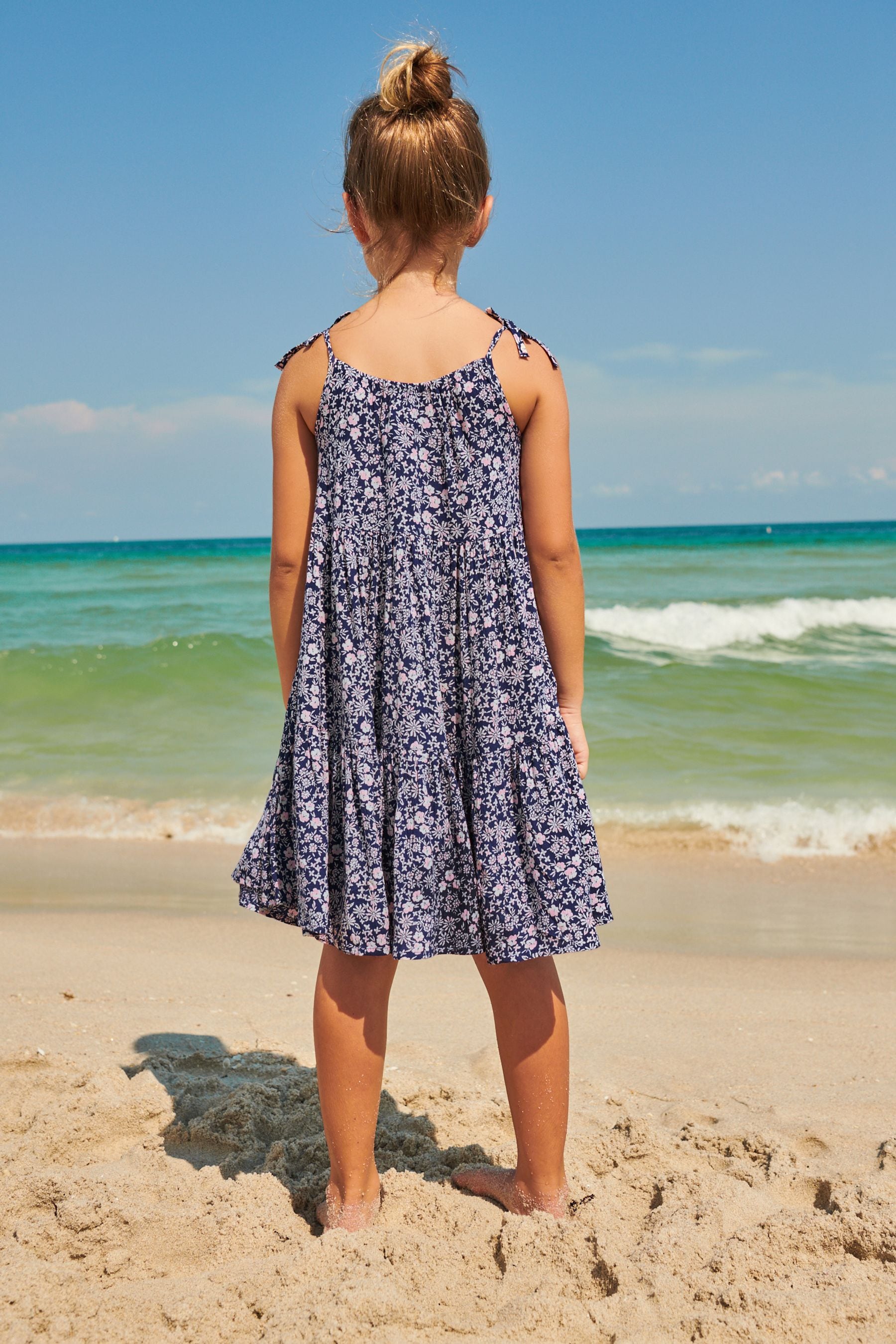 Navy Blue Ditsy Tiered Strappy Dress (3-16yrs)