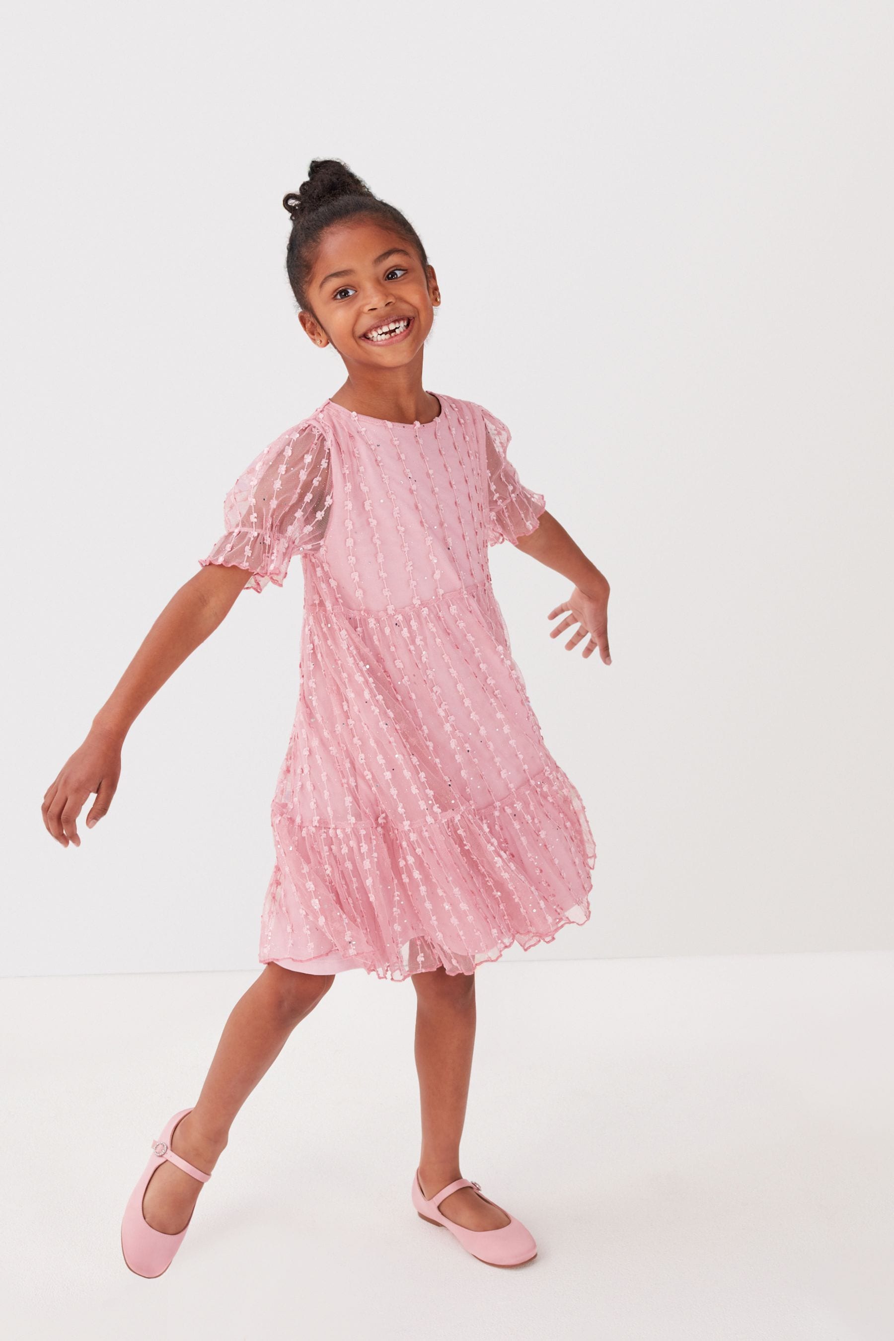 Pink Sparkle Mesh Short Sleeve Tiered Party Dress (3-16yrs)