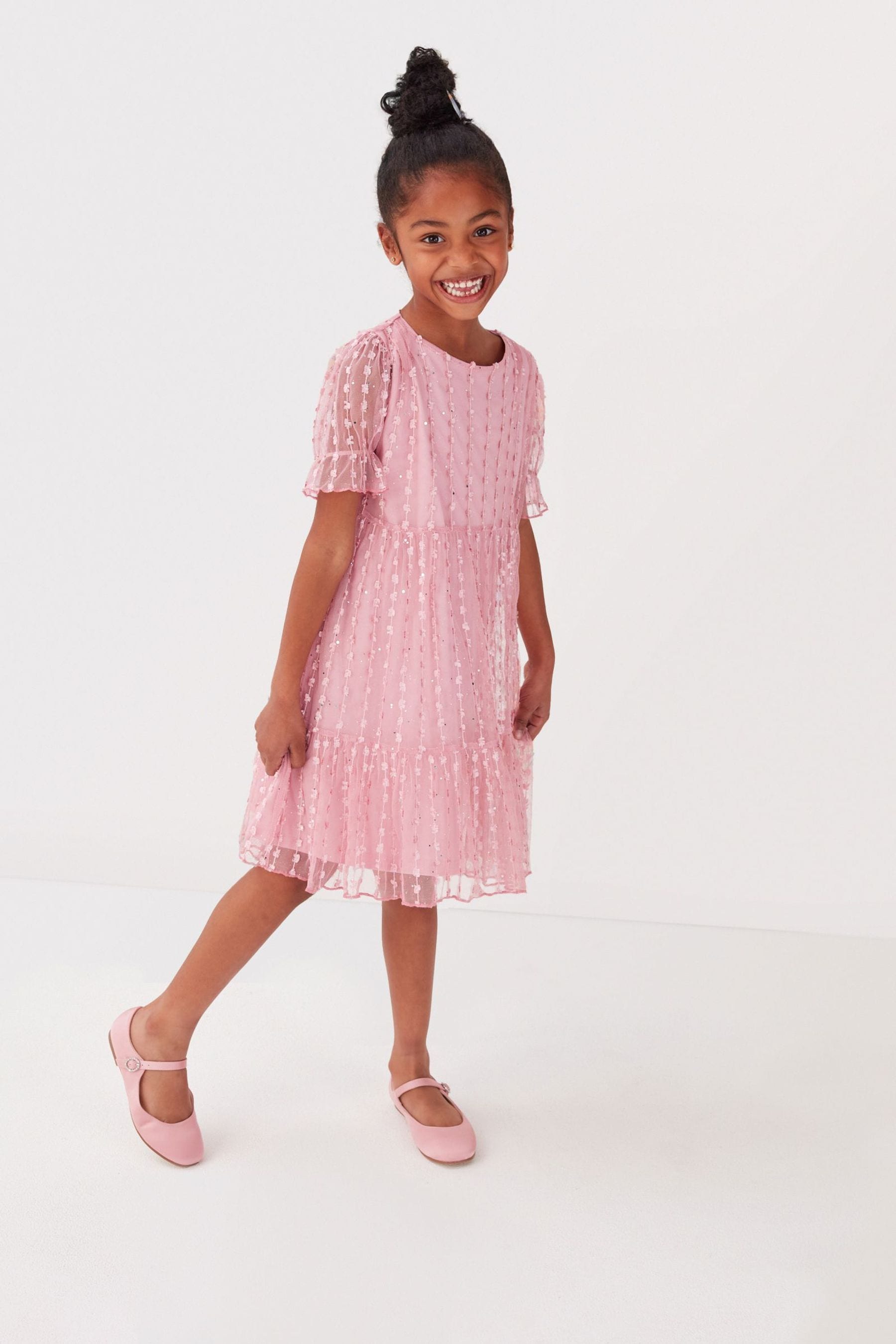 Pink Sparkle Mesh Short Sleeve Tiered Party Dress (3-16yrs)