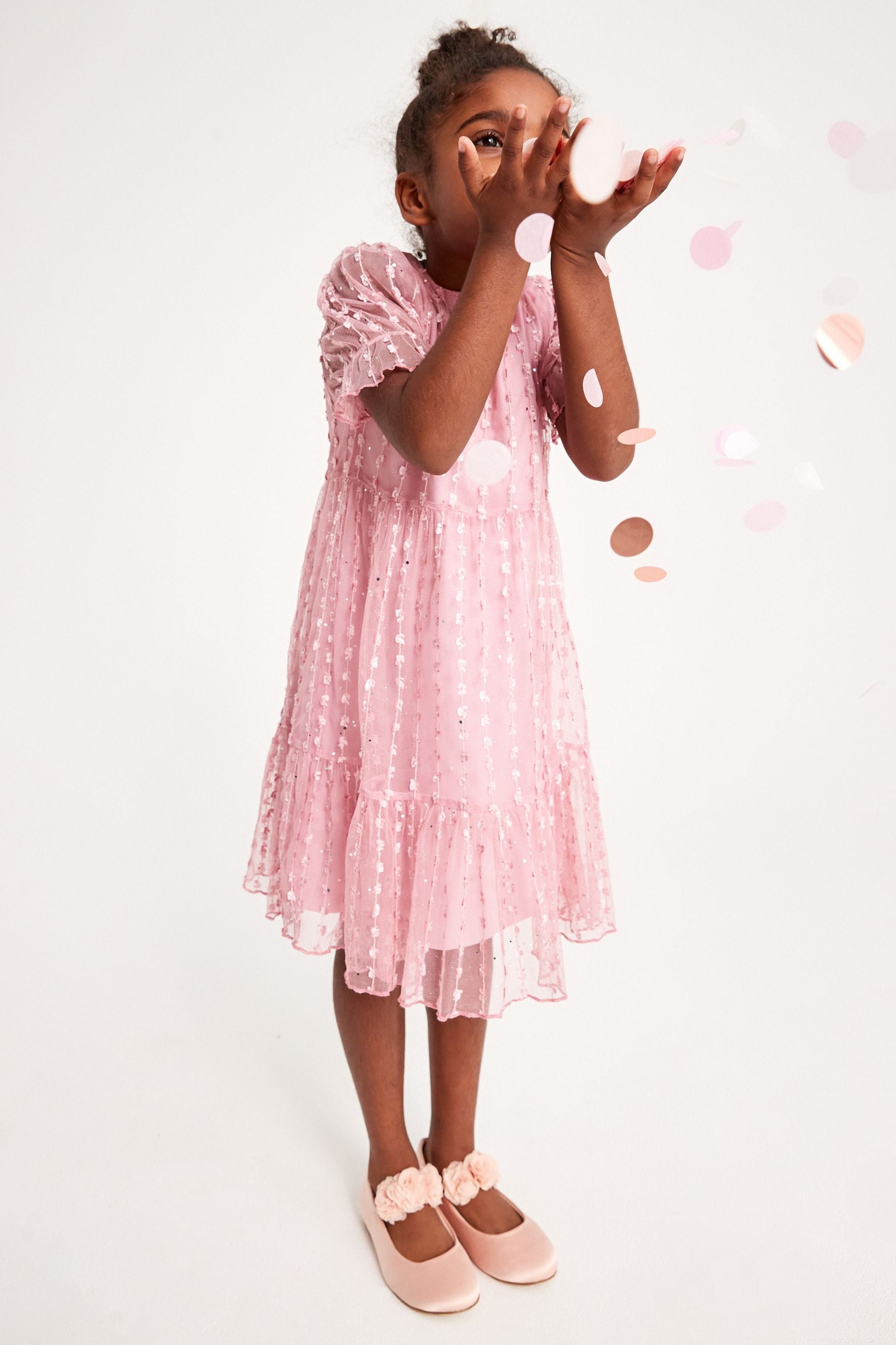 Pink Sparkle Mesh Short Sleeve Tiered Party Dress (3-16yrs)