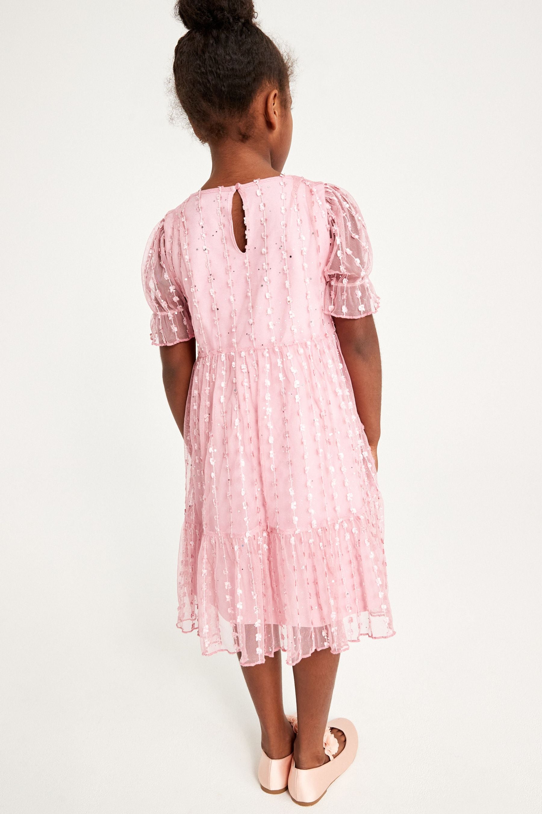 Pink Sparkle Mesh Short Sleeve Tiered Party Dress (3-16yrs)