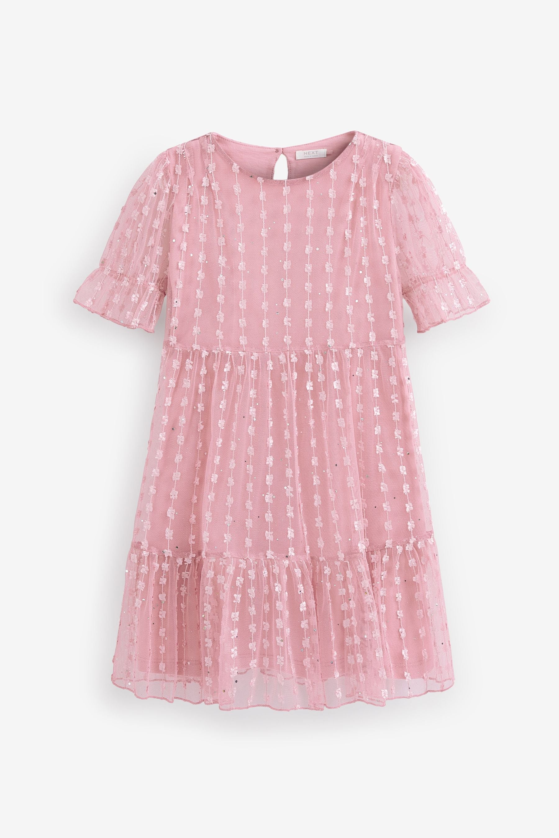 Pink Sparkle Mesh Short Sleeve Tiered Party Dress (3-16yrs)