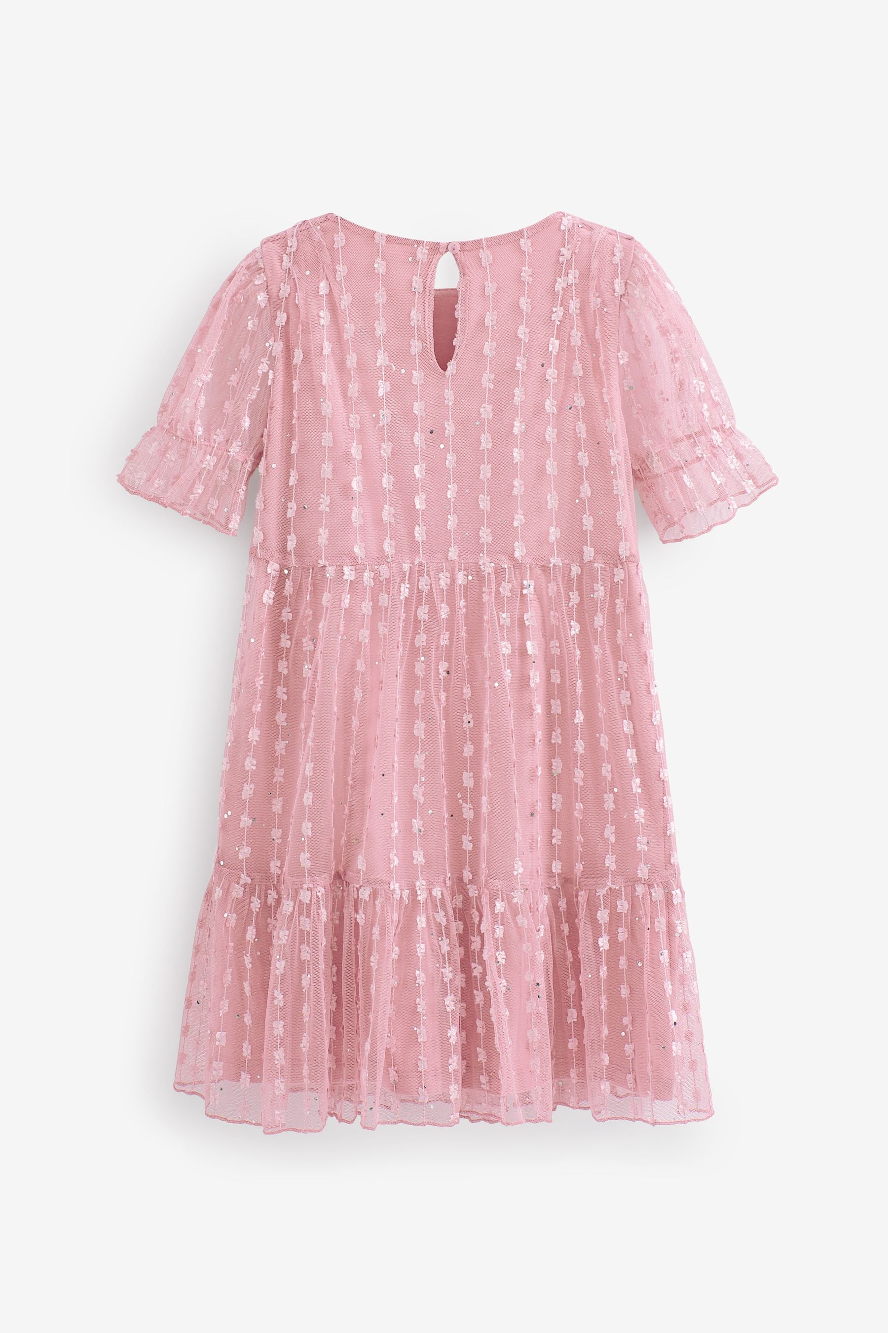 Pink Sparkle Mesh Short Sleeve Tiered Party Dress (3-16yrs)