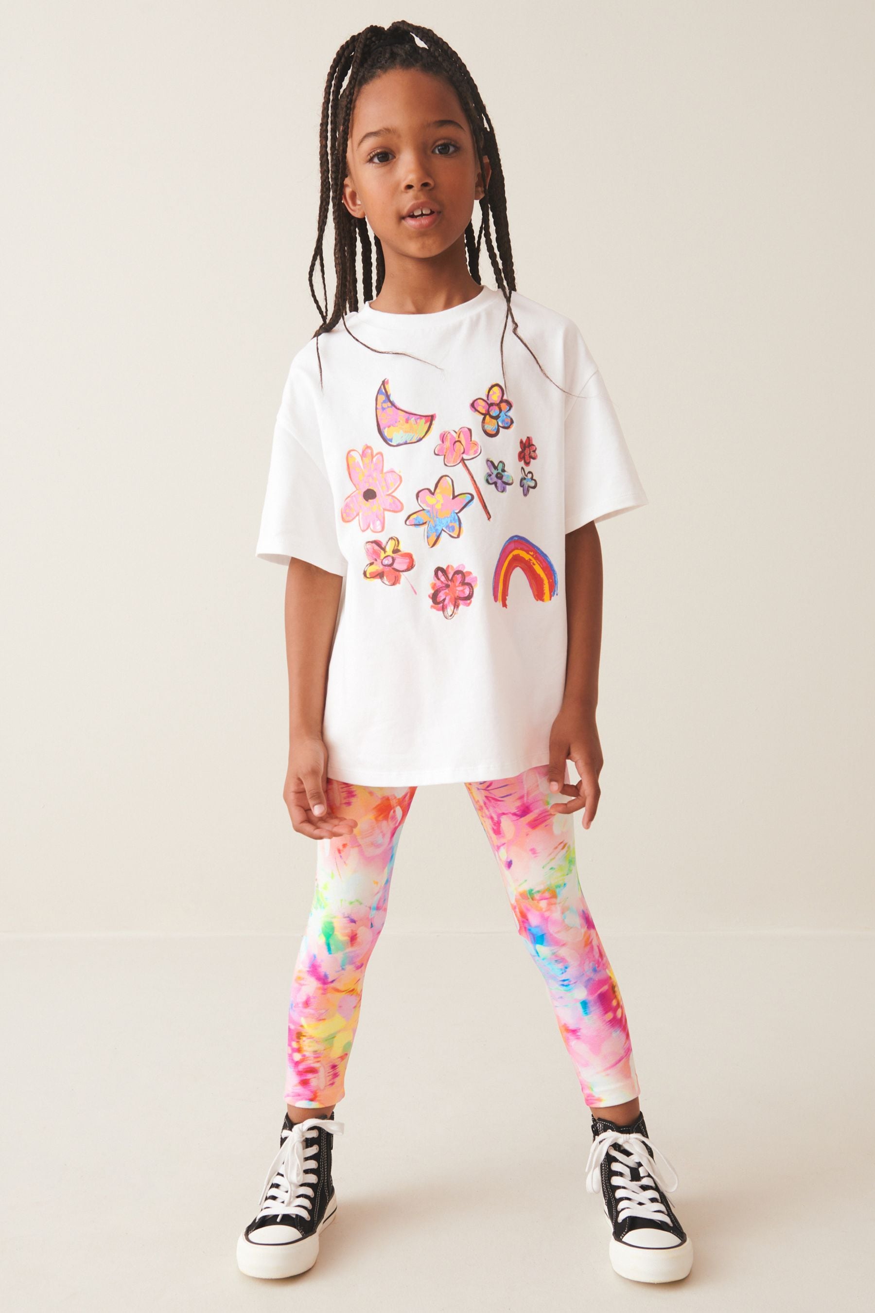 White/Pink Doodle Oversized T-Shirt And Leggings Set (3-16yrs)